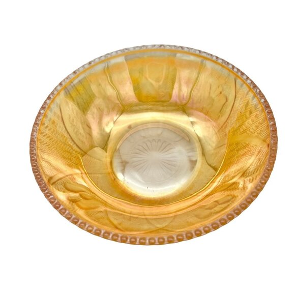 Iridescent Iris & Herringbone Marigold Compote Dish Vintage Carnival Glass 1940s - Picture 2 of 4
